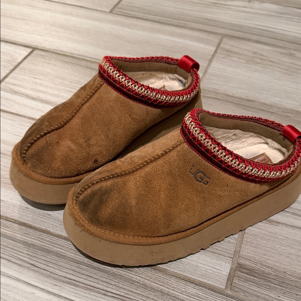 UGG Chestnut Suede Slip-On Slippers with Red Trim